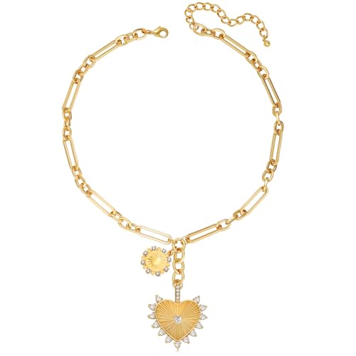 Chunky Gold Necklace for Women, 18K Waterproof Heart Necklace Statement Necklace Gold Charm Necklace Chunky Jewelry Paperclip Chain Choker Gift for Women - style: Gold Sun Heart