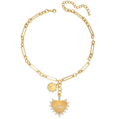 Chunky Gold Necklace for Women, 18K Waterproof Heart Necklace Statement Necklace Gold Charm Necklace Chunky Jewelry Paperclip Chain Choker Gift for Women - style: Gold Sun Heart