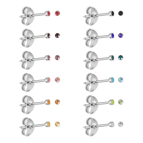 12 Pairs Ear Piercing Stud Earrings for Ear Piercing Guns, Surgical Stainless Steel Multicolor Round Heart Star Cubic Zirconia Birthstone Stud Earrings Set - style: Silver round 2mm