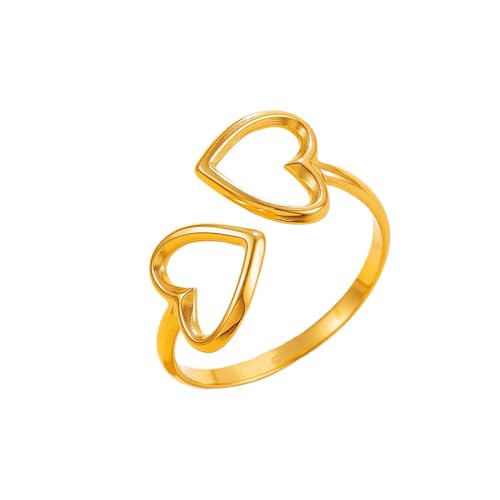 OIDIMS Simple Love Heart Rings for Women Hollow Double Hearts Stainless Steel Stackable Open Wedding Band Ring Promise Love Engagement Stylish Minimalist Statement Jewelry for Her Valentine - color: Gold-Tone
