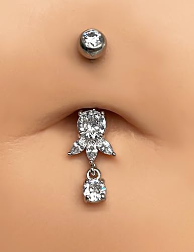 Belly Button Ring Dangle, Cross Belly Button Ring, Navel Piercing | 316L Surgical Steel, AAA+ Cubic Zirconia, Nickel-Free, Hypoallergenic, Multi-Style, 14 Gauge 10 mm Screw On Piercing Stud - style: A Round CZ with Three Eye Shape CZs