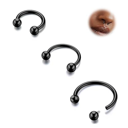 G23 Titanium 14/16/18/20G Septum Rings Horseshoe Nose Ring Jewelry | 2/3Pcs Circular Barbell Spike Lip Body Piercing Jewelry Conch Helix Tragus Earring Silver/Black 8/10/12mm 14K Gold Plated - color: Black-3pcs, size: Balls-3pcs-16g-8/10/12mm