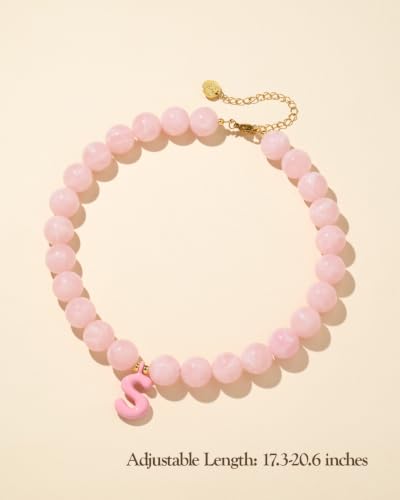 DoDoBeads Chunky Colorful Beaded Initial Necklace, Bubble Letter Choker | Gift box and dust pouch included; waterproof and sweat-resistant with real gold plated stainless steel hardware - color: Pink-S