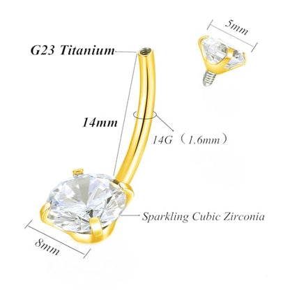 ORANGELOVE G23 Titanium 14G Belly Button Rings Cubic Zirconia Internally Threaded CZ Belly Ring Navel Barbell Stud Body Piercing Jewelry 14 Gauge 8mm 10mm 12mm 14mm - color: Gold, size: 14G 14mm