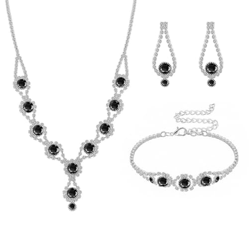 Silver Plated Necklace Earrings Bracelet Crystal Bridal Wedding Jewelry Sets for Wedding princess birthday party Halloween Prom Pageant Jewelry - color: 2-black