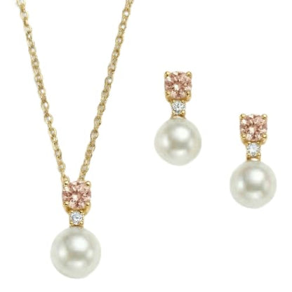 Mariell Pearl Wedding Necklace Earrings Set with CZ Crystal, Jewelry for Brides, Bridesmaid, Mother's Day - color: Gold-Champagne Cubic Zirconia