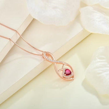 Infinity Heart Rose Gold Jewelry Set for Women 925 Sterling Silver Ruby Necklace and Earrings Set July Birthstone Jewelry Gifts
