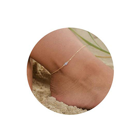 Dainty Simple Chain Anklet for Women 18k Gold/Silver Plated Summer Beach Beaded Evil Eye Moon Figaro Butterfly Satellite Cuban Pearl Flat Marina Anklet Gift - color: Transparent Bead-Gold