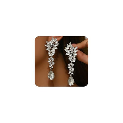 Silver Rhinestone Wedding Earrings for Women,Silver Sparkling Crystal Chandelier Earrings,Formal Cocktail Prom Teardrop Dangle Drop Statement Jewelry - color: Silver