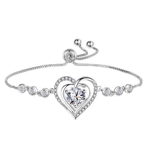 14K White Gold Plated Heart Bracelet for Women, Zircon Inlay Love Heart Charm Chain Bracelet Bangle with Adjustable Length - color: silver-white
