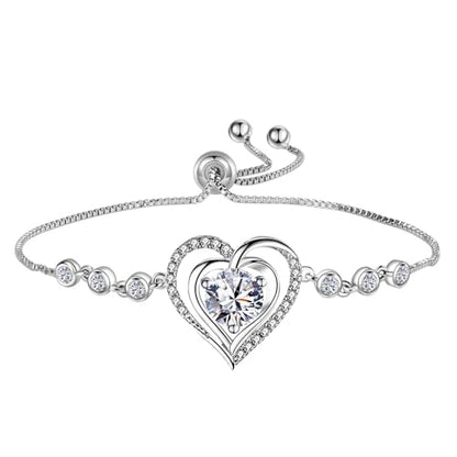14K White Gold Plated Heart Bracelet for Women, Zircon Inlay Love Heart Charm Chain Bracelet Bangle with Adjustable Length - color: silver-white
