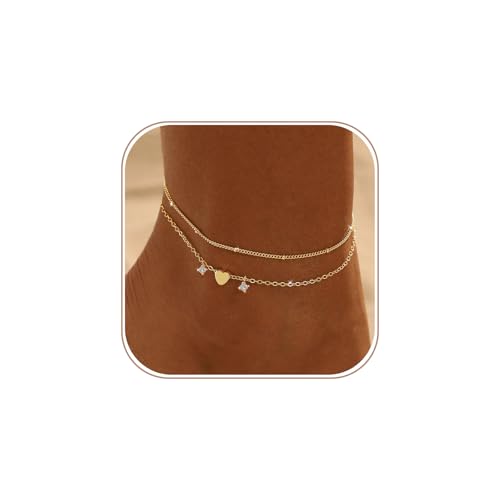 Ankle Bracelets for Women 14K Gold/Silver Plated Cross Heart Bead Anklet Waterproof Adjustable Chain Non Tarnish Cute Boho Trendy Dainty Summer Beach Foot Jewelry Gift for Her - style: 2 Layered Bead&Heart-GD