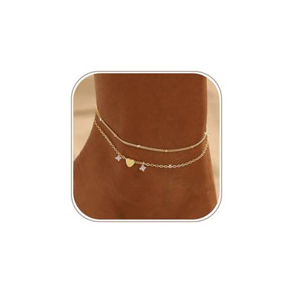 Ankle Bracelets for Women 14K Gold/Silver Plated Cross Heart Bead Anklet Waterproof Adjustable Chain Non Tarnish Cute Boho Trendy Dainty Summer Beach Foot Jewelry Gift for Her - style: 2 Layered Bead&Heart-GD