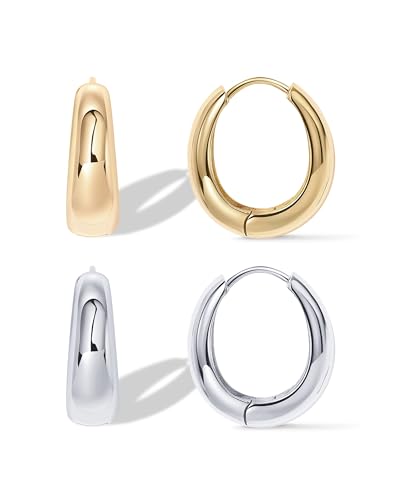 PAVOI Gold Hoop Earrings for Women, 14K Gold Plated Small Chunky Hoops | 925 Sterling Silver Posts, Lightweight Hoops, Small Hoop Earrings for Women, Gold Hoops - color: White & Yellow Gold
