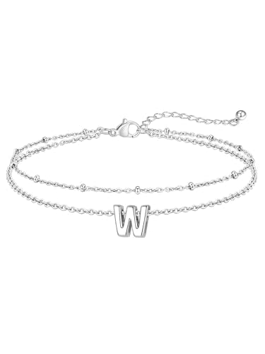 FaithHeart Initial Ankle Bracelets for Women, Waterproof 14k Gold Plated Initial Anklets Non Tarnish Stainless Steel Cute Layered Anklet Summer Beach Jewelry - color: Silver, size: Initial W