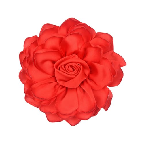 Satin Rose Flower Brooch Hair Clip for Women 4.3 Inch Floral Pin for Hats Dress Everyday Outfits Beach Vacations - color: Red