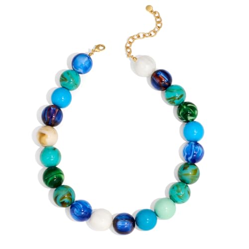 Chunky Beaded Choker Necklace for Women Boho Statement Necklace with Large Pearl Blue Brown Tone Resin Beads Summer Beach Jewelry Gifts - color: Blue