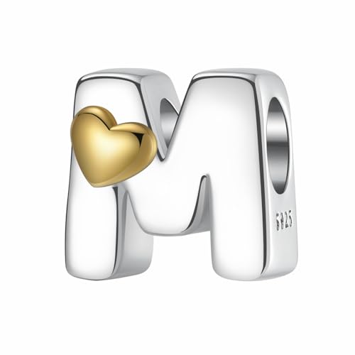 A~Z Alphabet Charm Letter Beads 925 Sterling Silver with Heart-shaped 5A Cubic Zircon Stones fits Pandora European Bracelets Necklace Jewelry Gift for Women - style: M Letter Charms