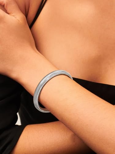 KeyStyle Bangle Bracelets For Women, Stainless Steel Stretch Bracelet Wide | 14K Gold/Rose Gold/Black/Silver Plated Flexible Wide Twisted Link Chain Wristband Jewelry, 10Mm, 16Mm, 20Mm - color: 10mm - Steel