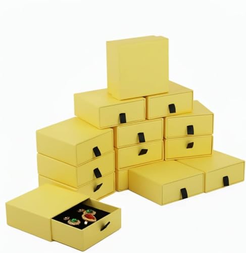 Jewelry Gift Box Velvet-Lined, 12 Pack Compact Drawer Style for Earrings & Rings, Necklace & Bracelet Organizer, Stackable Jewelry Display & Storage Box, Elegant Jewelry Storage (Yellow) - color: Yellow