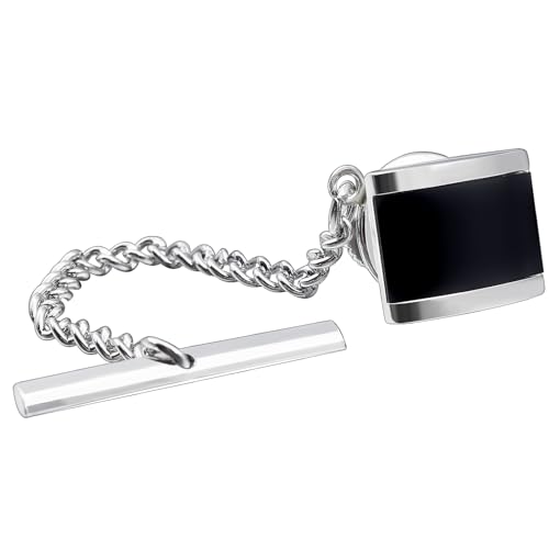 HAWSON Black Stone Tie Tack for Men Tie Pin with Chain for Wedding Birthday Anniversary Party - color: silver tone 3