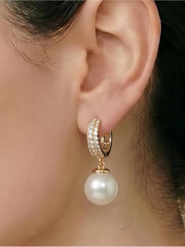 Pearl Drop Hoop Earrings for Women, Gold Plated CZ Pearl Dangle Earrings, 10mm Shell Pearl, Elegant Dainty Earrings for Office Date Night