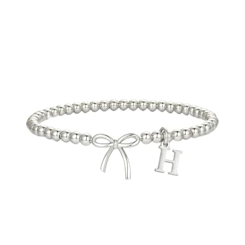 Letter A-Z Bracelets for Women Teen - Inital Beaded Bracelet with Bowknot Charm, Dainty Stretch Stackable Bracelet, Trendy Jewelry Gifts for Birthday Easter Basket Stuffers - style: Silver: H