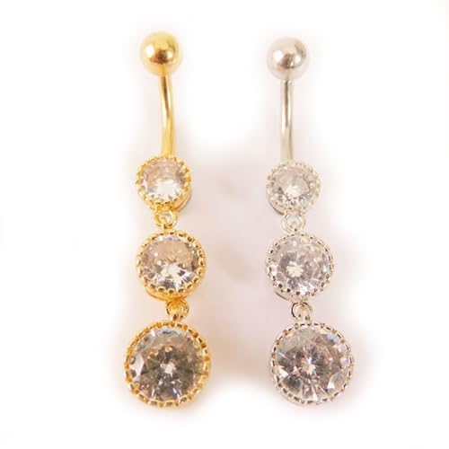 3Pcs 14G Stainless Steel Dangle Belly Button Rings Cubic Zirconia Heart Star Round Belly Navel Barbell Rings Belly Piercing Jewelry for Women - style: Gold Round