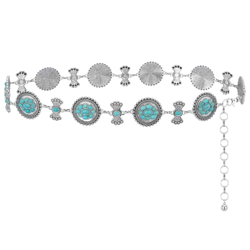 Montana West Rustic Couture's Turquoise Western Concho Chain Belt for Women | Large Western Cowgirl Metal Adjustable Boho Body Chain Belt for Dresses Jeans Country Concert - color: Turquoise