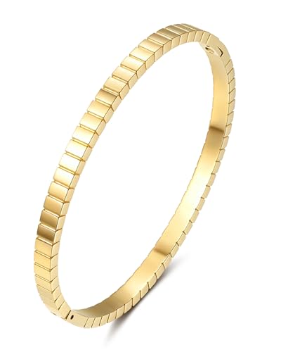 Joo&Rind Gold Bangle Bracelets for Women 18K Gold Plated Stainless Steel Bracelet Oval Hinged Bangles for Small Wrists Non Tarnish Waterproof with Cubic Zirconia Jewelry Gift for Everyday Wear Birthday - color: Square Non Zirconia-Gold