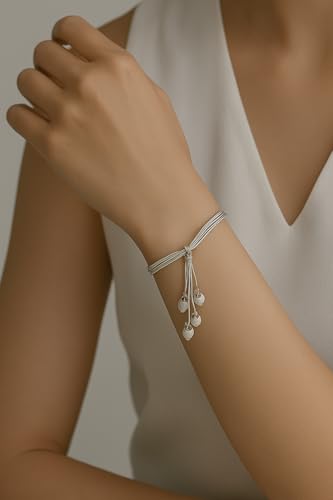 925 Sterling Silver Multi-Strand Five Heart Charm Bracelet, 5 Dangling Hearts, Silver