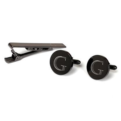 Mens Initial Cufflinks and Tie Clip A-Z Alphabet Letter Black Stainless Cuff Links Tie Bar with Engraved Walnut Wood Box Groom Groomsman Wedding Set - style: Classic-G
