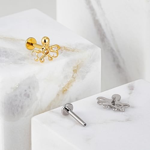 FINE4U 1PC 16G ASTM F136 Titanium Octopuses Piercings Jewelry with 6mm 8mm Post for Conch Helix Flat Labret 16G 6mm 8mm - color: Octopuses - Gold