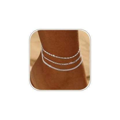 Gold/Silver Ankle Bracelets for Women Waterproof Dainty 14K Gold Plated Pearl Heart Love Anklet Bracelet Satellite Cuban Link Beads Summer Beach Jewelry Gifts - style: 3PCS Cuban + Figaro + dots-silver-203