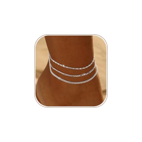Gold/Silver Ankle Bracelets for Women Waterproof Dainty 14K Gold Plated Pearl Heart Love Anklet Bracelet Satellite Cuban Link Beads Summer Beach Jewelry Gifts - style: 3PCS Cuban + Figaro + dots-silver-203