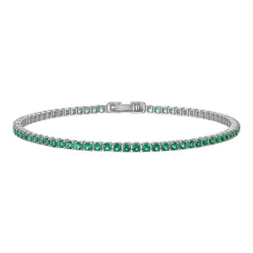 Tennis Bracelets for Women 2mm Dainty 14K Gold Plated CZ | 5A cubic zirconia, 4 prong sparkle, birthstone colors, 6.5-7.5 inches, fold over clasp, tarnish resistant, waterproof - color: Emerald Green