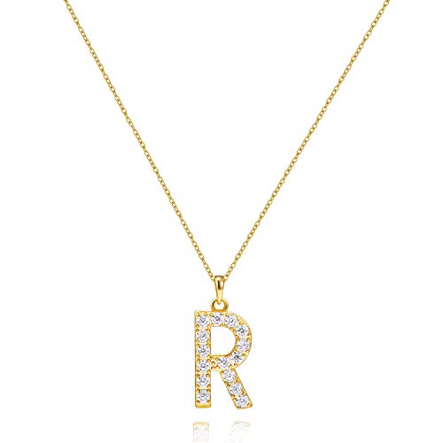 Tarsus Initial Cubic Zirconia Necklace for Women Teens | Jewelry Gifts for Women Adjustable Chain 18" + 2" - style: Gold-R-Diamond style
