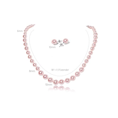 Pearl Necklace and Earring Set for Women Costume Jewelry Set | Elegant Outfit Matching, Wedding Bridesmaid Prom Gifts - style: Pink 18 inches