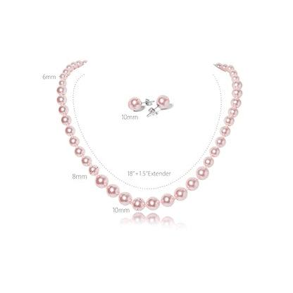 Pearl Necklace and Earring Set for Women Costume Jewelry Set | Elegant Outfit Matching, Wedding Bridesmaid Prom Gifts - style: Pink 18 inches