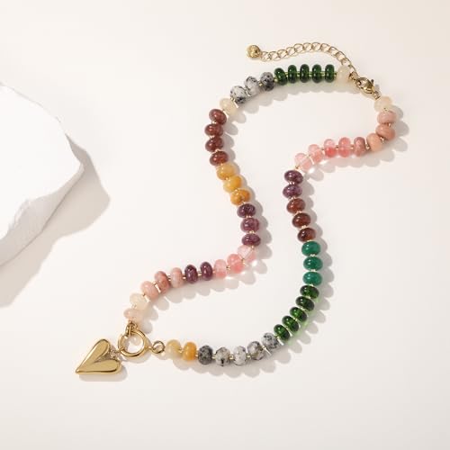 Beaded Necklace for Women,Natural Gemstone Necklace for Women,Colorful Bead Choker Necklace Handmade Surfer Beach Necklace Trendy Jewelry Gift for Women - style: With Heart Charm