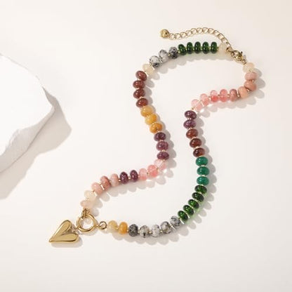 Beaded Necklace for Women,Natural Gemstone Necklace for Women,Colorful Bead Choker Necklace Handmade Surfer Beach Necklace Trendy Jewelry Gift for Women - style: With Heart Charm