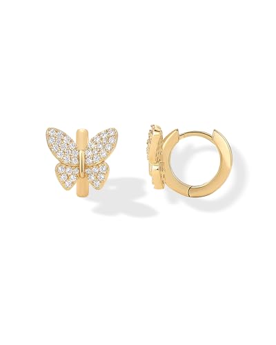 PAVOI 14K Gold Plated 925 Sterling Silver Posts Small Huggie Hoop Earrings for Women - Trendy Celestial North Star, Butterfly, Heart Hoop Earrings - Cubic Zirconia Cute Gold Motif Jewelry - Valentines Day Trendy Jewelry - style: Butterfly