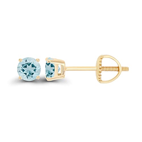 14K Gold Plated 925 Sterling Silver Hypoallergenic 4mm Round Genuine Birthstone Solitaire Screwback Stud Earrings - color: Aquamarine