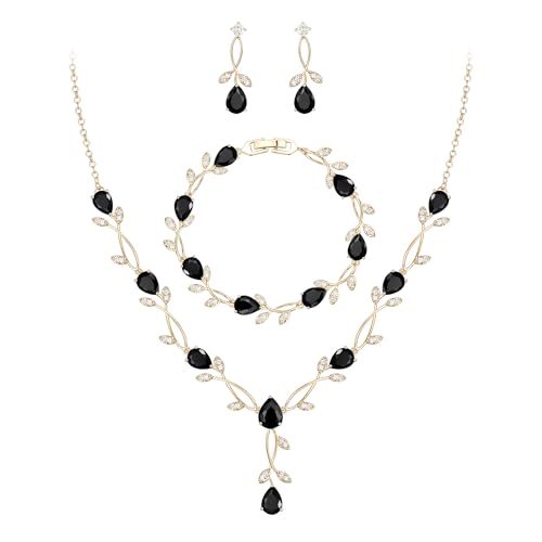 EVER FAITH Cubic Zirconia Pearl Leaf Bridal Jewelry Set for Bride Women | White Wedding Prom Necklace Dangle Earrings Bracelet, for Bridesmaid - color: CZ_Black Gold-Plated-Brass