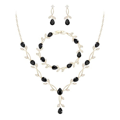 EVER FAITH Cubic Zirconia Pearl Leaf Bridal Jewelry Set for Bride Women | White Wedding Prom Necklace Dangle Earrings Bracelet, for Bridesmaid - color: CZ_Black Gold-Plated-Brass