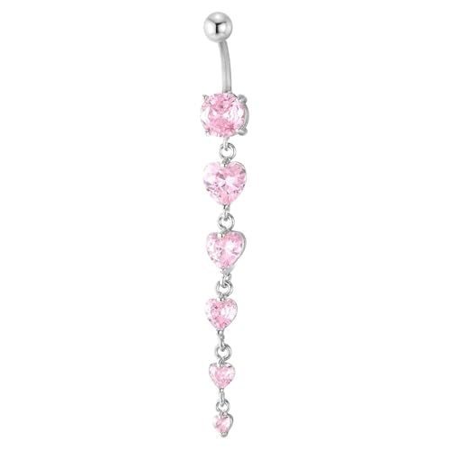 COOLSTEELANDBEYOND Steel Belly Chain Belly Button Ring Body Jewelry Piercing Navel Ring with Long Dangle Cubic Zirconia - color: E-Metal Color: Silver
