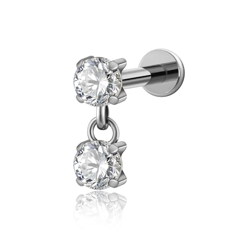1PC ASTM F136 Titanium Mini Threadless Flat Back Stud 18G 6mm 8mm for Conch Helix Flat Tragus Labret - color: Dangle CZ - Tit