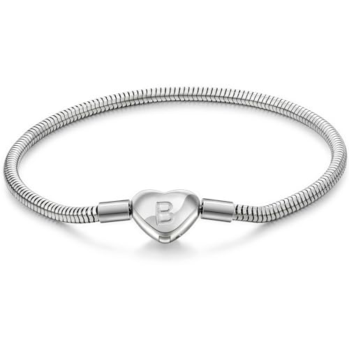 Initial Bracelet Heart Clasp Stainless Steel Snake Chain Alphabet Letter Charm Gift for Women Mom Girlfriend Wife - style: B
