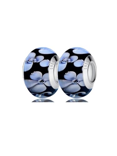 2pcs Authentic 925 Silver Murano Glass Flower Charms for Pandora Bracelets - color: 08-Black and White