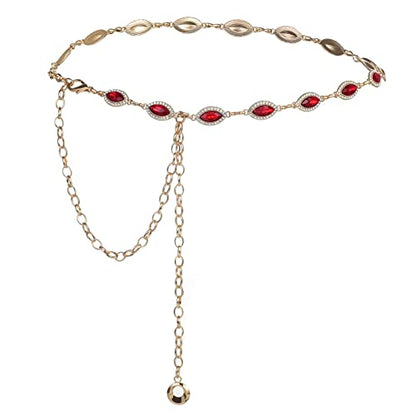ILuvatar Green Glass Diamond Chain Belt - Metal Women's Western Style Dress Belt - color: Gold-red